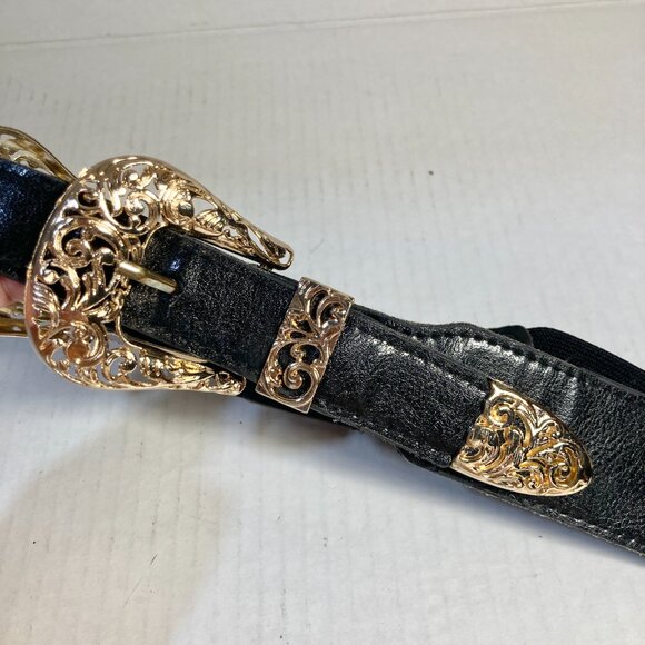 Vtg Western Stretch Faux Black Leather Gold Tone Double Buckle Womens Belt XS S - Picture 7 of 15